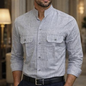 smart‑casual style with this sleek light‑gray mandarin‑collar shirt