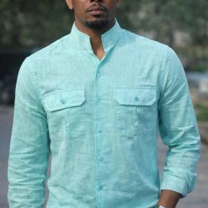 vibrant turquoise mandarin‑collar shirt, designed for men