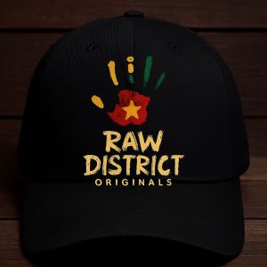 black cap featuring a powerful multicolor handprint,“RAW DISTRICT ORIGINALS”