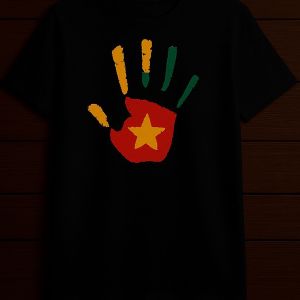 premium black T-shirt featuring a vibrant handprint