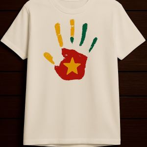 standout white T-shirt featuring a powerful multicolor handprint design.