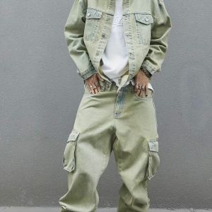 light‑green denim set jacket and jeans