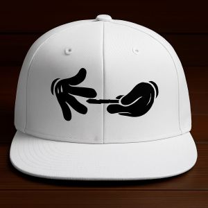 white cap featuring a striking hand‑and‑key graphic.